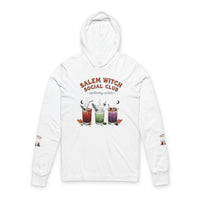 Printify white Salem Witch Social Club hooded long sleeve tee with cocktail artwork eco-friendly witch hooded tee