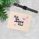 Printify eco-friendly zipper pouch with Self Love Club heart design next to a black smartwatch