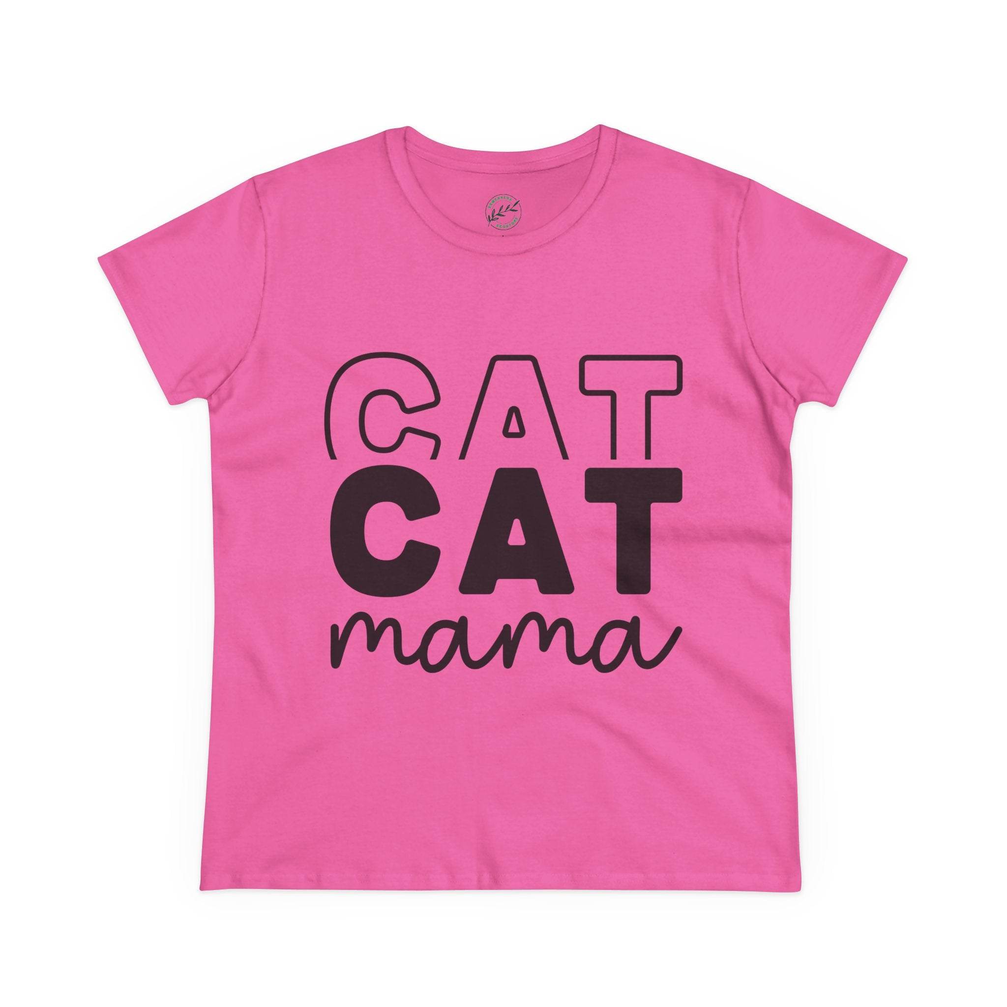 Printify pink t shirt with bold CAT CAT text and script mama design eco-friendly cat mom shirt for casual wear