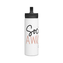 Printify white eco-friendly stainless steel water bottle with black lid and social awkward text design