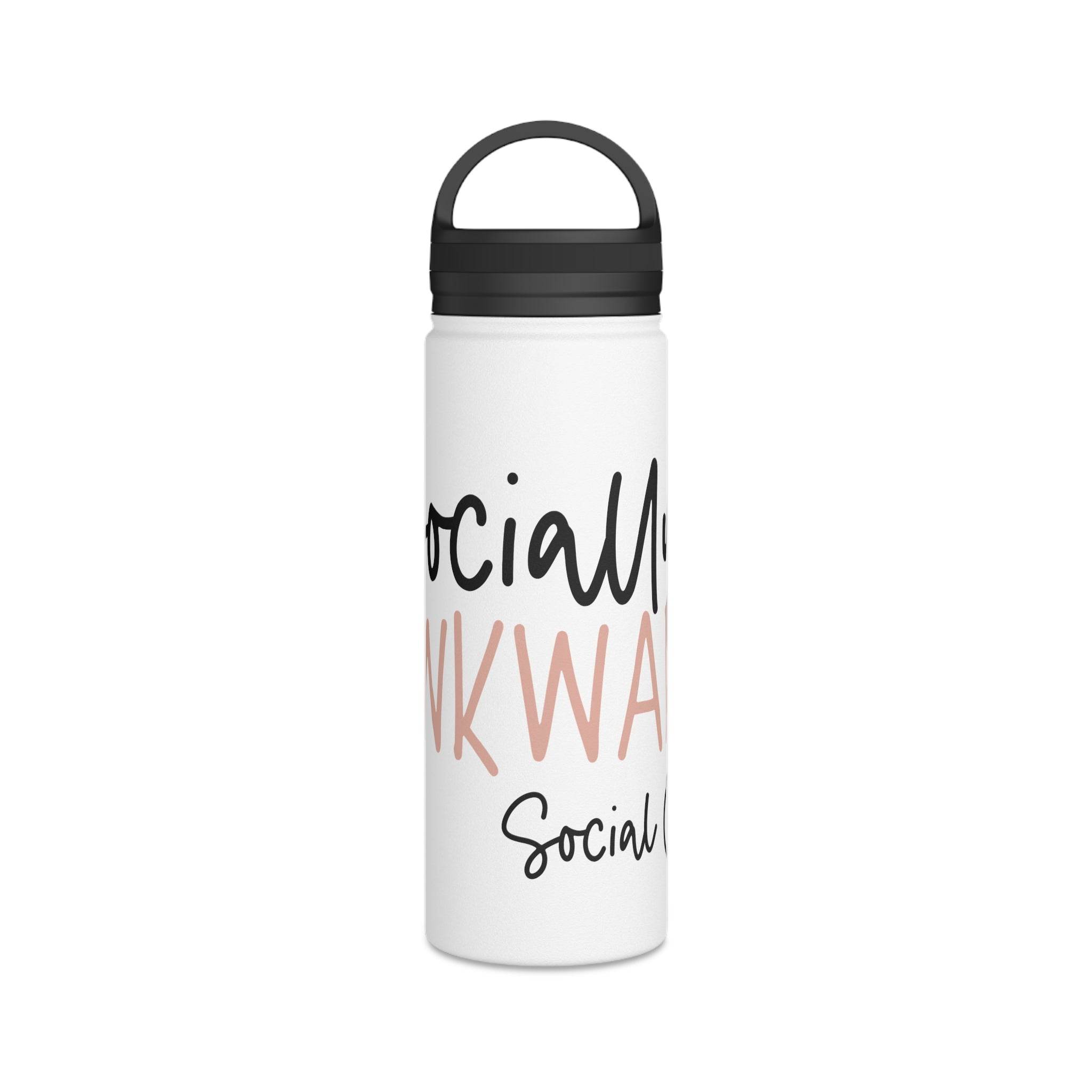 Printify eco-friendly stainless steel water bottle with black lid and social awkward design