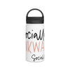 Printify eco-friendly stainless steel water bottle with black lid and social awkward text design