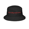 Black eco-friendly bucket hat from Printify with red Socially Selective text embroidery