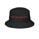 Black eco-friendly bucket hat from Printify with red Socially Selective text embroidery