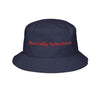 Printify navy blue eco-friendly bucket hat with red Socially Selective embroidery