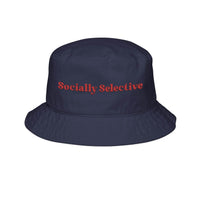 Printify navy blue eco-friendly bucket hat with red Socially Selective embroidery