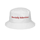 White eco-friendly bucket hat by Printify with red Socially Selective text embroidery