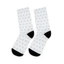 White socks with light blue snowflake pattern and black heels and toes sustainable recycled poly socks