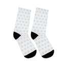 Printify white socks with black heel and toe featuring blue snowflake pattern sustainable recycled poly socks
