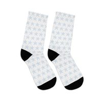 Printify white socks with black heel and toe featuring blue snowflake pattern sustainable recycled poly socks