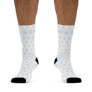 Printify white socks with blue snowflake pattern and black toe and heel sustainable recycled poly socks