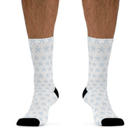 Printify white socks with blue snowflake pattern and black toe and heel sustainable recycled poly socks