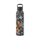 Printify stylish eco water bottle with vibrant orange and blue floral pattern and black cap