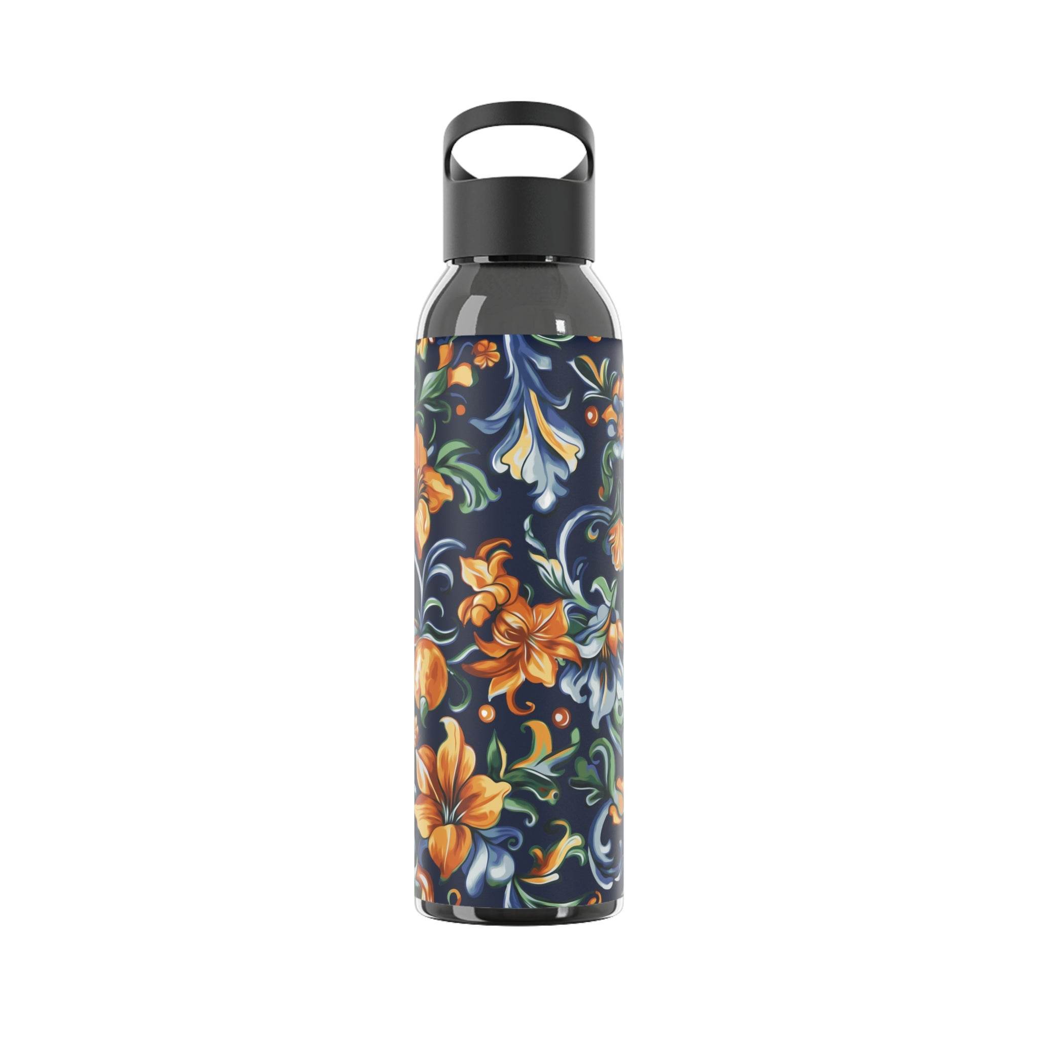 Printify stylish eco water bottle with vibrant orange and blue floral pattern and black cap