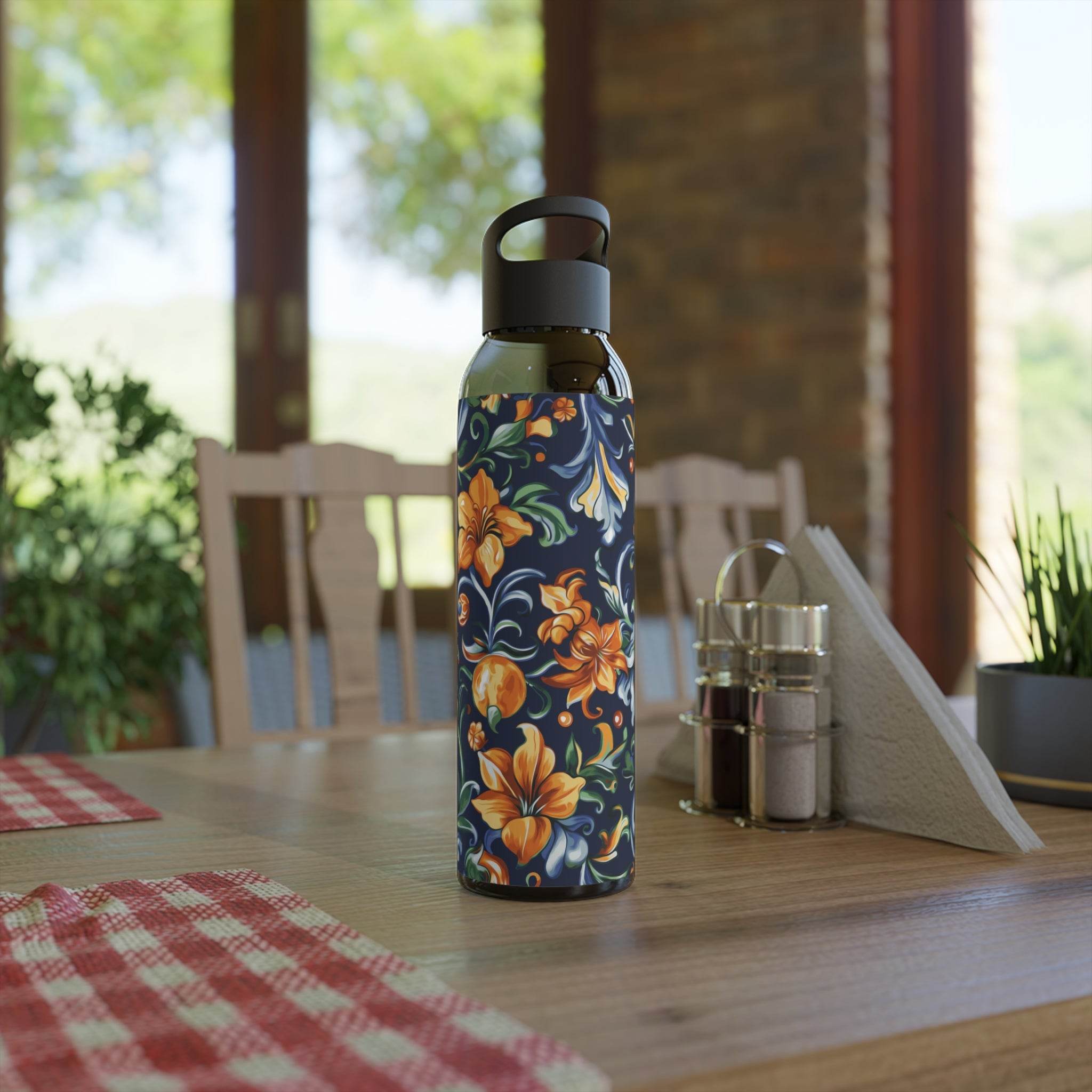 Printify stylish eco water bottle with floral design standing on wooden dining table indoors