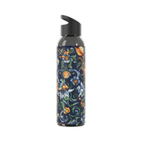 Printify stylish eco water bottle with dark floral pattern and black flip-top lid