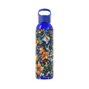 Printify stylish eco water bottle with blue cap and floral design on black background
