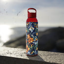 Printify stylish eco water bottle with red lid and floral design on stone surface outdoors