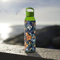 Printify stylish eco water bottle with green lid and floral pattern on outdoor stone surface
