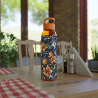 Printify stylish eco water bottle with orange floral design and orange cap on wooden table