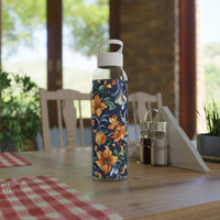 Printify stylish eco water bottle with floral design and white cap on wooden table indoors