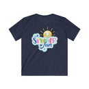 Printify eco-friendly kids t-shirt in navy with colorful summer fun sun graphic on back