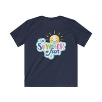 Printify eco-friendly kids t-shirt in navy with colorful summer fun sun graphic on back