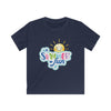 Printify eco-friendly kids t-shirt in navy with colorful summer fun design and smiling sun