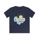 Printify eco-friendly kids t-shirt in navy with colorful summer fun design and smiling sun
