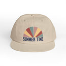 Beige eco-friendly surf cap by Printify with colorful retro summer time design on front
