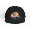Black eco-friendly surf cap by Printify with colorful sunset design and summer time text