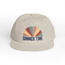 Printify eco-friendly surf cap with summer time graphic in muted colors on beige hat