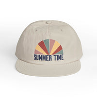 Printify eco-friendly surf cap with summer time graphic in muted colors on beige hat