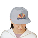 Printify eco-friendly surf cap in light gray with colorful summer time design worn by a woman