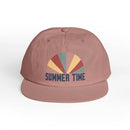 Printify eco-friendly surf cap in muted pink with colorful summer time graphic on front