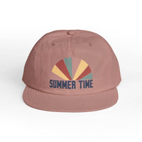 Printify eco-friendly surf cap in muted pink with colorful summer time graphic on front