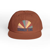 Printify eco-friendly surf cap in brown with colorful summer time graphic on front
