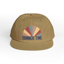 Printify eco-friendly surf cap in tan with colorful summer time graphic design on front