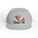 White eco-friendly surf cap with colorful retro sun graphic and Summer Time text by Printify