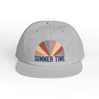 White eco-friendly surf cap with colorful retro sun graphic and Summer Time text by Printify