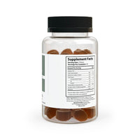 Clear bottle of Printify non-GMO sleep gummies showing supplement facts label and brown gummies inside