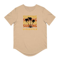 Printify eco friendly surfing t shirt beige with palm tree graphic and surfing lifestyle text