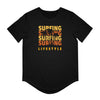 Printify black eco friendly surfing t shirt with orange surfing lifestyle design and palm tree graphic