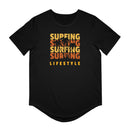 Printify black eco friendly surfing t shirt with orange surfing lifestyle design and palm tree graphic
