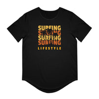 Printify black eco friendly surfing t shirt with orange surfing lifestyle design and palm tree graphic