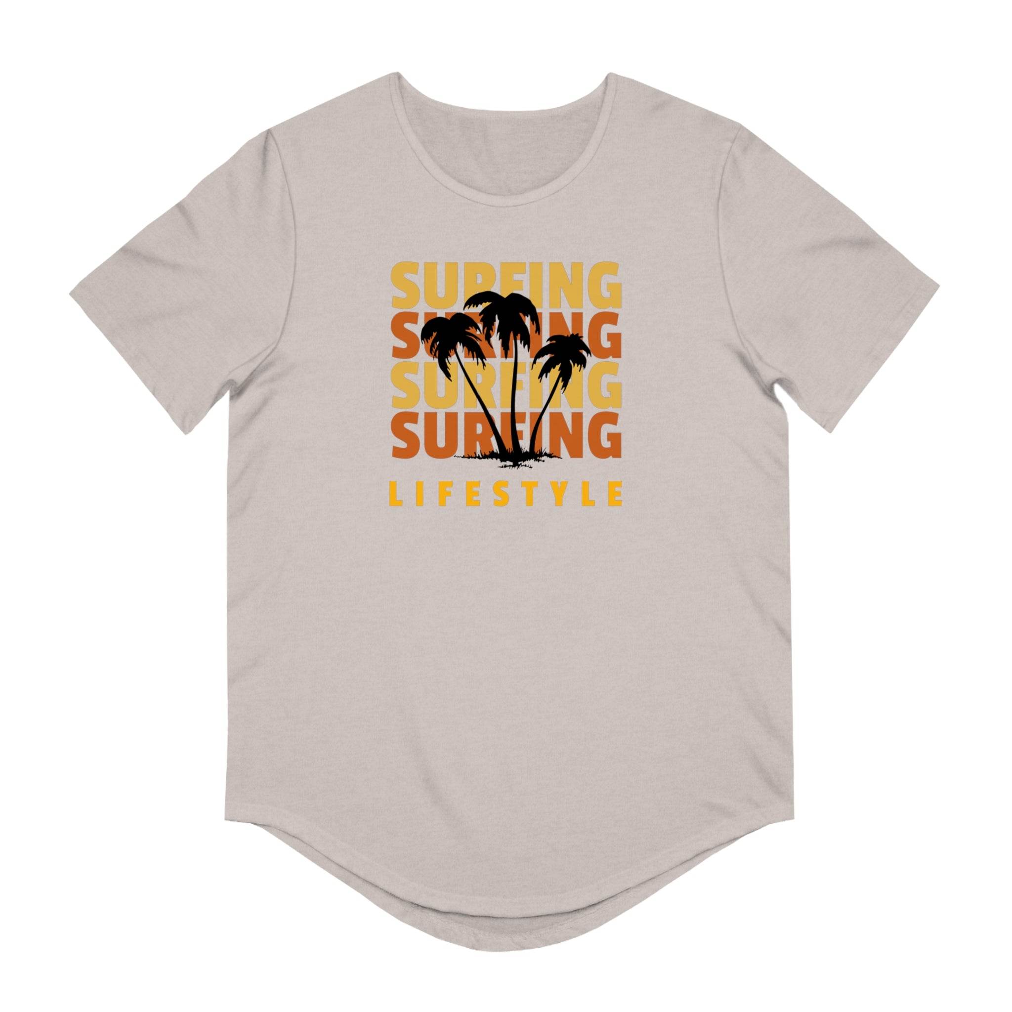 Printify eco friendly surfing t shirt with palm tree graphic and surfing lifestyle text