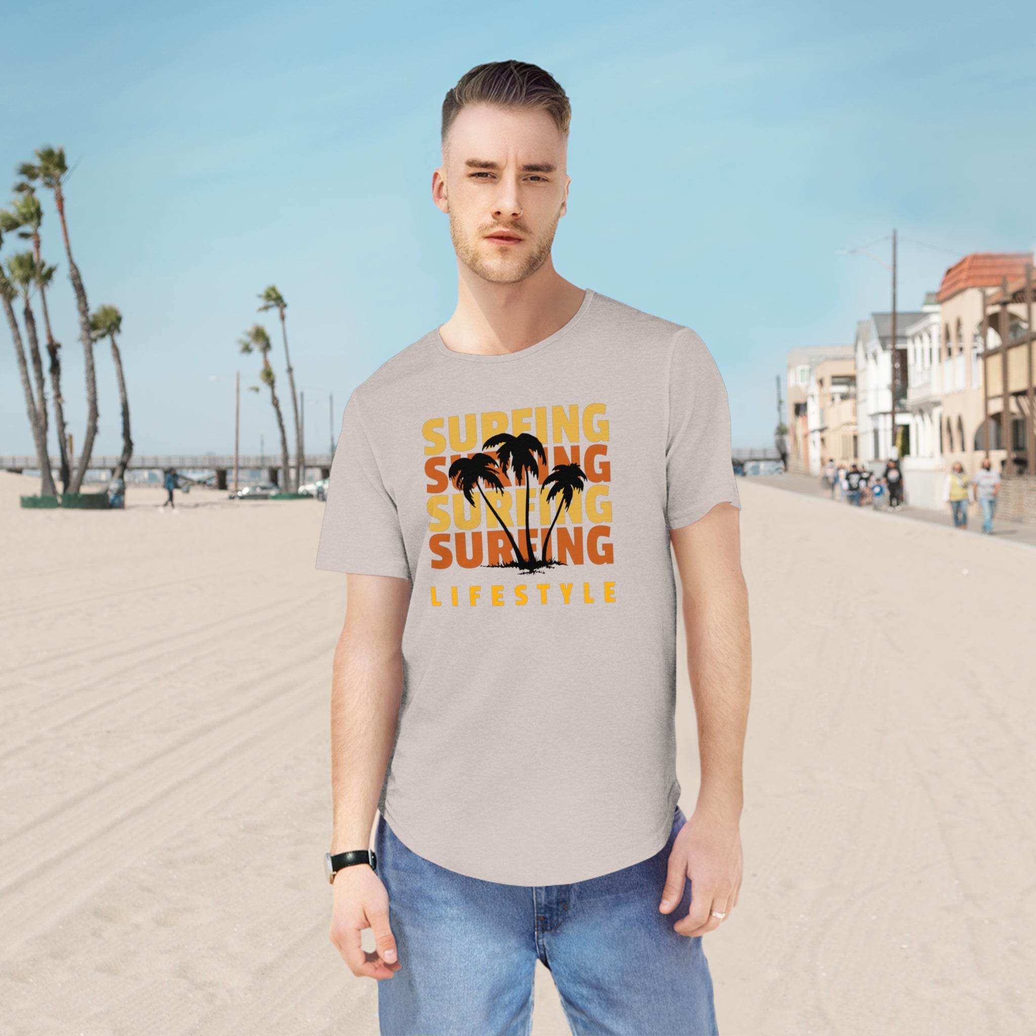 Printify eco friendly surfing t shirt with palm tree design worn by man on beach