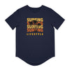 Printify navy eco friendly surfing t shirt with orange surfing text and palm tree design