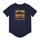 Printify navy eco friendly surfing t shirt with orange surfing text and palm tree design