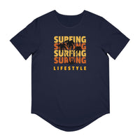 Printify navy eco friendly surfing t shirt with orange surfing text and palm tree design